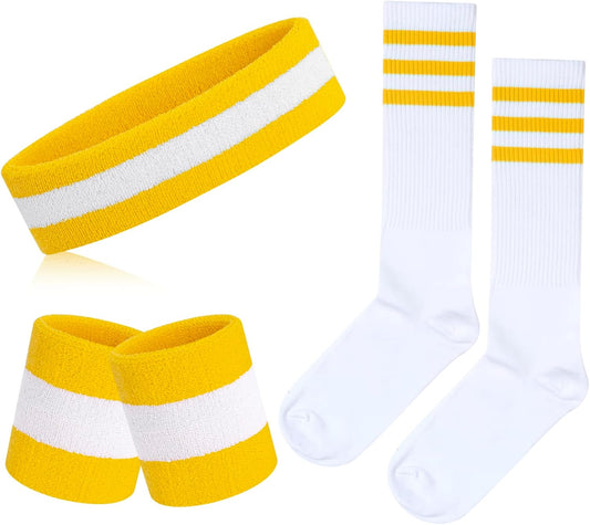 5 Pieces Sweatbands Striped Socks Set Sports Headband Wristbands High Tube Socks 80s Accessories Costumes