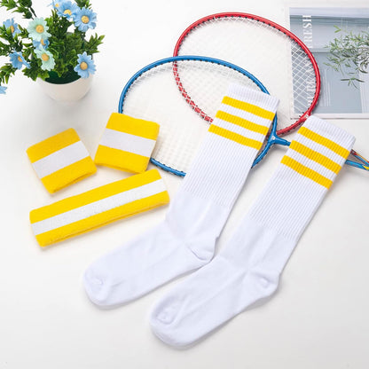 5 Pieces Sweatbands Striped Socks Set Sports Headband Wristbands High Tube Socks 80s Accessories Costumes