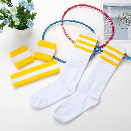5 Pieces Sweatbands Striped Socks Set Sports Headband Wristbands High Tube Socks 80s Accessories Costumes