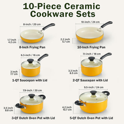 Basics Ceramic Nonstick Cookware Set, 10-Piece, Yellow | Nonstick Pots and Pans Set
