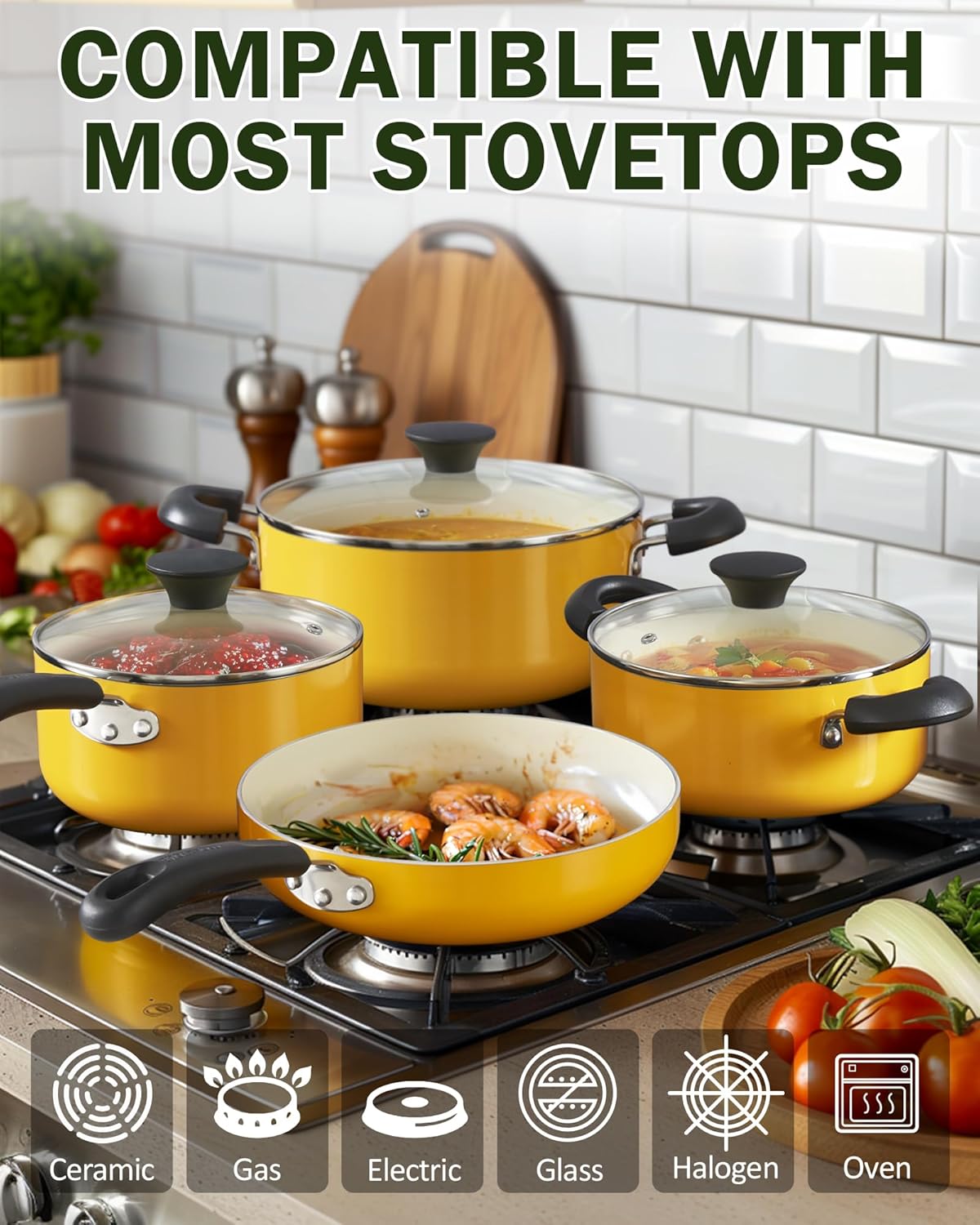Basics Ceramic Nonstick Cookware Set, 10-Piece, Yellow | Nonstick Pots and Pans Set