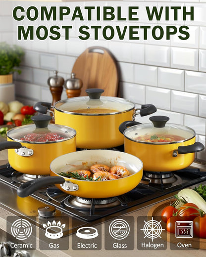 Basics Ceramic Nonstick Cookware Set, 10-Piece, Yellow | Nonstick Pots and Pans Set