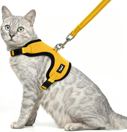 Cat Harness and Leash Set Escape Proof, Reflective Adjustable Soft Mesh Pet Vest Harness for Walking Travel, Yellow S