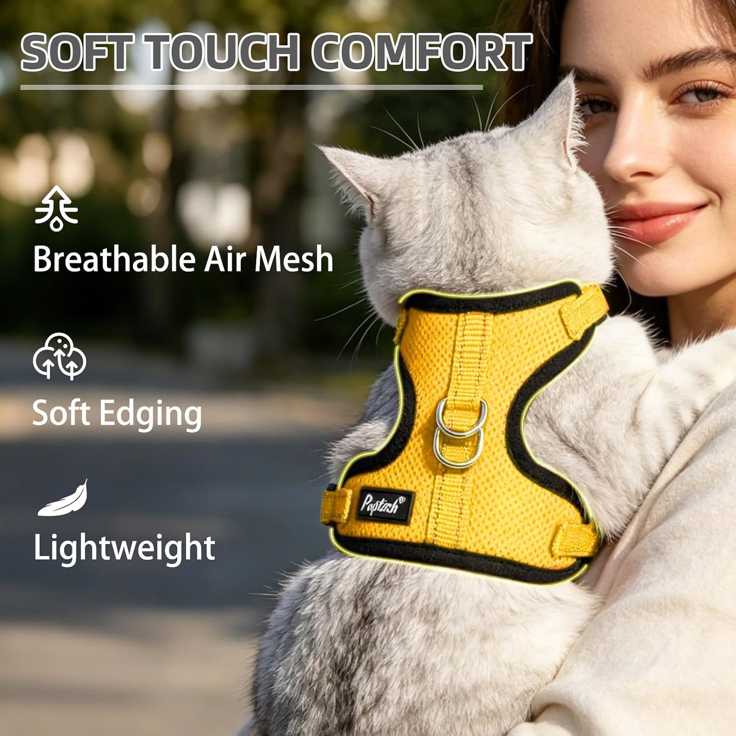 Cat Harness and Leash Set Escape Proof, Reflective Adjustable Soft Mesh Pet Vest Harness for Walking Travel, Yellow S