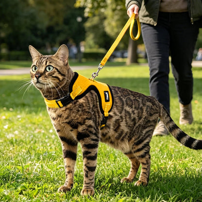 Cat Harness and Leash Set Escape Proof, Reflective Adjustable Soft Mesh Pet Vest Harness for Walking Travel, Yellow S