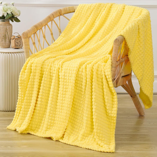 Puncuntex Yellow Throw Blanket 50"×60",Super Soft Flannel Fleece Plush Cozy Blanket with 3D Jacquard Square Grid Design Luxury for Couch Sofa Chair