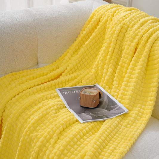 Puncuntex Yellow Throw Blanket 50"×60",Super Soft Flannel Fleece Plush Cozy Blanket with 3D Jacquard Square Grid Design Luxury for Couch Sofa Chair