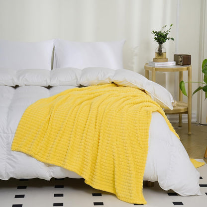 Puncuntex Yellow Throw Blanket 50"×60",Super Soft Flannel Fleece Plush Cozy Blanket with 3D Jacquard Square Grid Design Luxury for Couch Sofa Chair