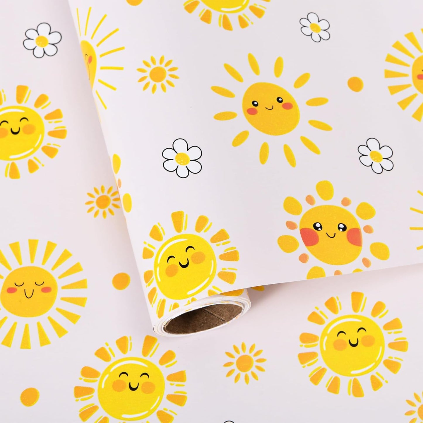 Sunshine and Daisies Wrapping Paper Roll - 17 inches x 16.5 feet - Cute Yellow Sun Pattern for Birthday, Baby Shower, and All Occasion Gifts(Sun Smile)
