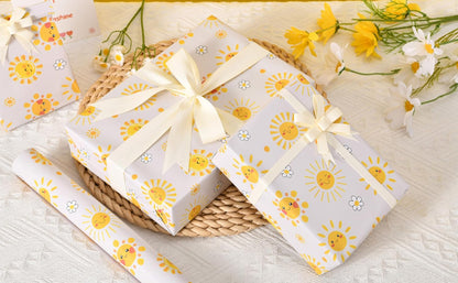 Sunshine and Daisies Wrapping Paper Roll - 17 inches x 16.5 feet - Cute Yellow Sun Pattern for Birthday, Baby Shower, and All Occasion Gifts(Sun Smile)
