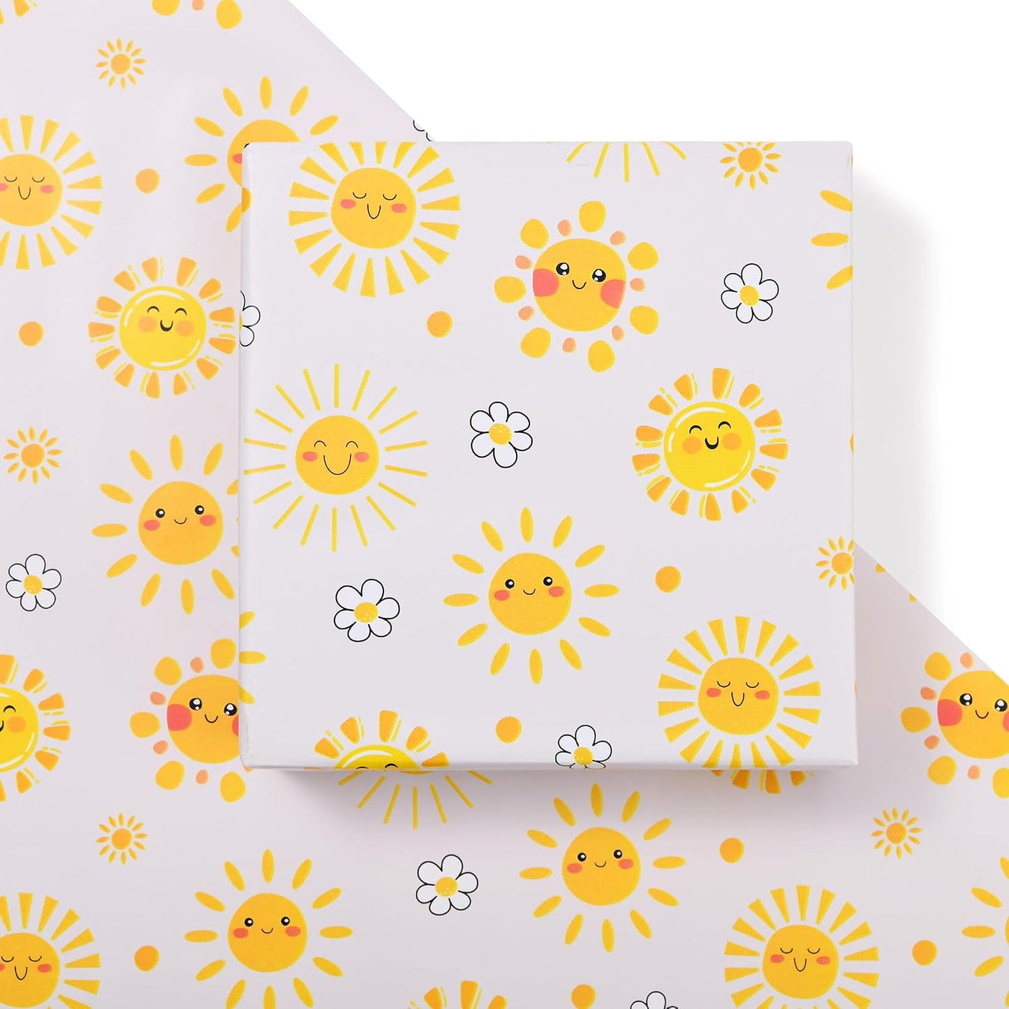 Sunshine and Daisies Wrapping Paper Roll - 17 inches x 16.5 feet - Cute Yellow Sun Pattern for Birthday, Baby Shower, and All Occasion Gifts(Sun Smile)