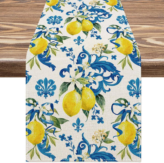 Lemon Table Runner Summer Blue Tile Yellow Lemon Kitchen Tabletop Decoration Vintage Italian Table Cover for Indoor Outdoor Home Dinner Party Supplies, 13 x 72 Inch