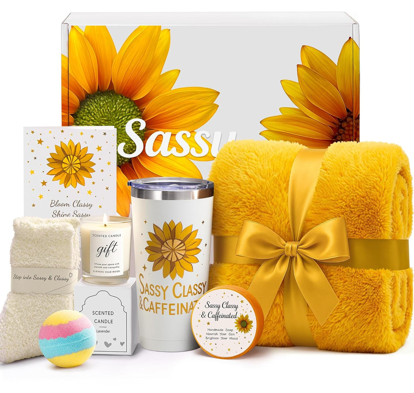 Birthday Gifts for Women Friendship, Get Well Sunflower Spa Gift Basket | Set with Cozy Blanket, Self Care Gifts Unique Happy Birthday Idea for Mom, Wife, Sister, Best Friends, Girlfriend, Christmas