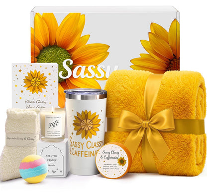 Birthday Gifts for Women Friendship, Get Well Sunflower Spa Gift Basket | Set with Cozy Blanket, Self Care Gifts Unique Happy Birthday Idea for Mom, Wife, Sister, Best Friends, Girlfriend, Christmas
