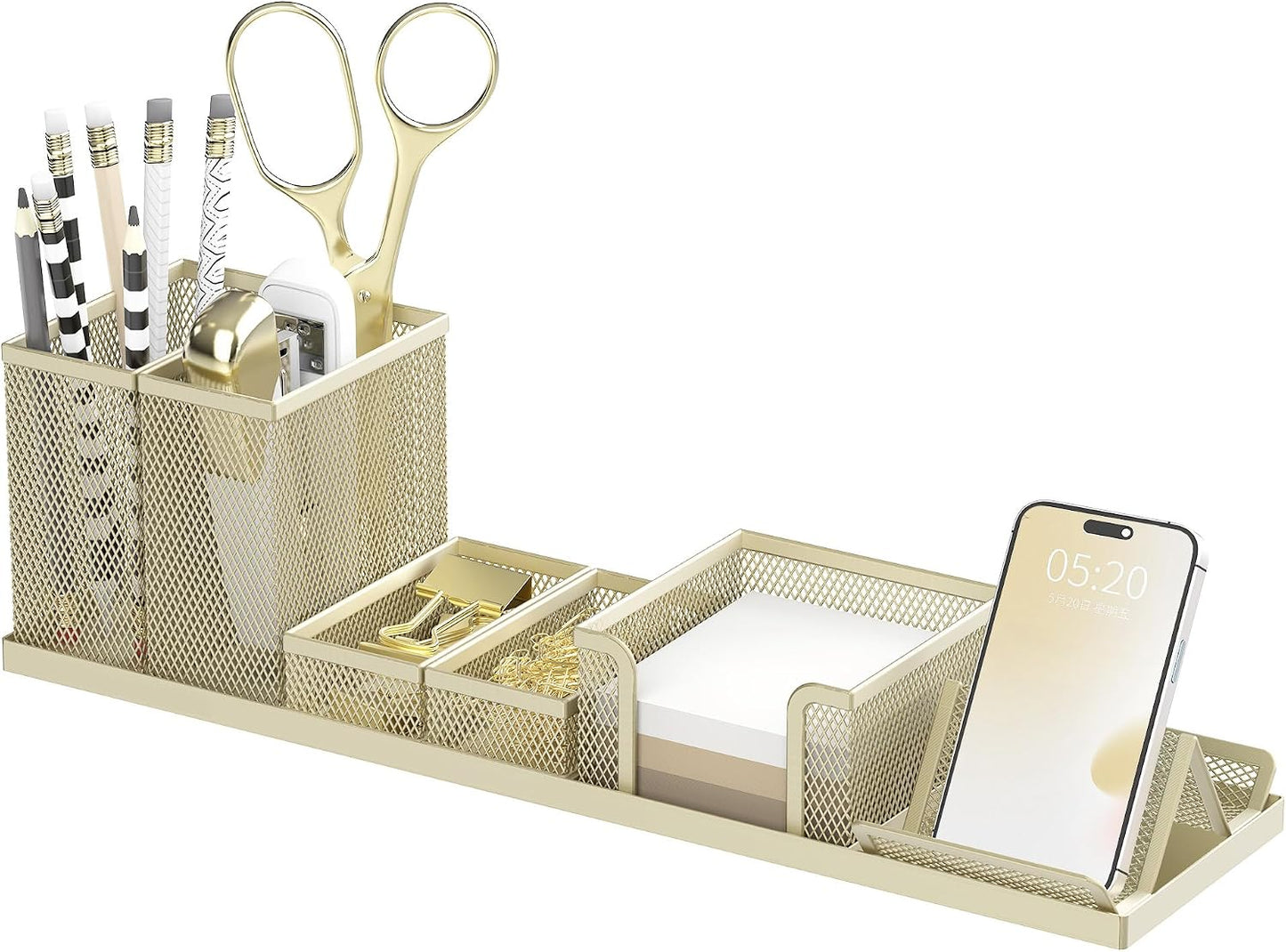 Pen Holder for Desk, 6 Piece Mesh Desk Organizer set for Office Organization with Mail Organizer, Letter Phone Holder, Sticky Notes Caddy Storage, Golden Yellow