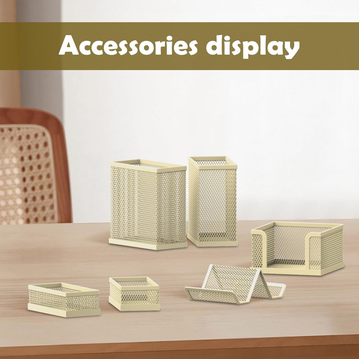 Pen Holder for Desk, 6 Piece Mesh Desk Organizer set for Office Organization with Mail Organizer, Letter Phone Holder, Sticky Notes Caddy Storage, Golden Yellow