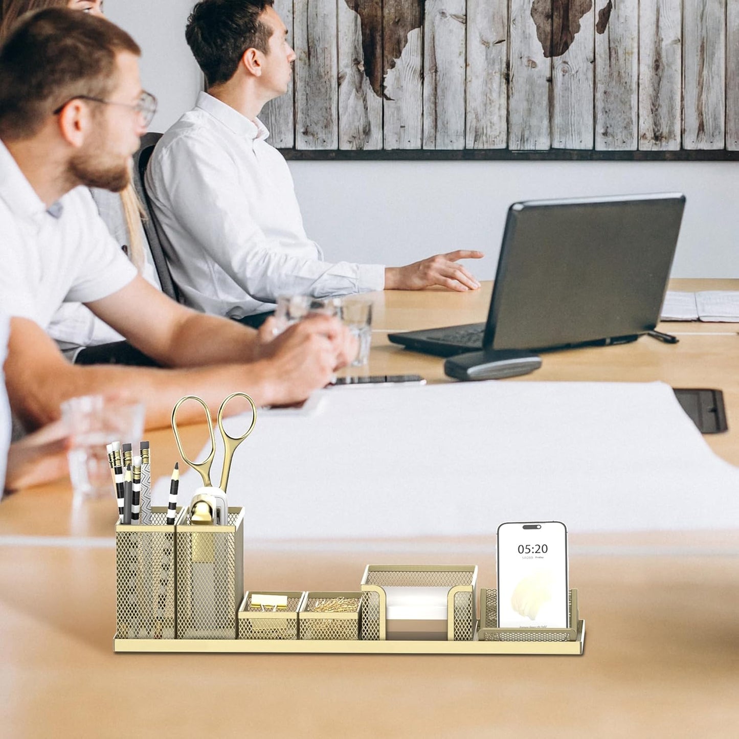 Pen Holder for Desk, 6 Piece Mesh Desk Organizer set for Office Organization with Mail Organizer, Letter Phone Holder, Sticky Notes Caddy Storage, Golden Yellow