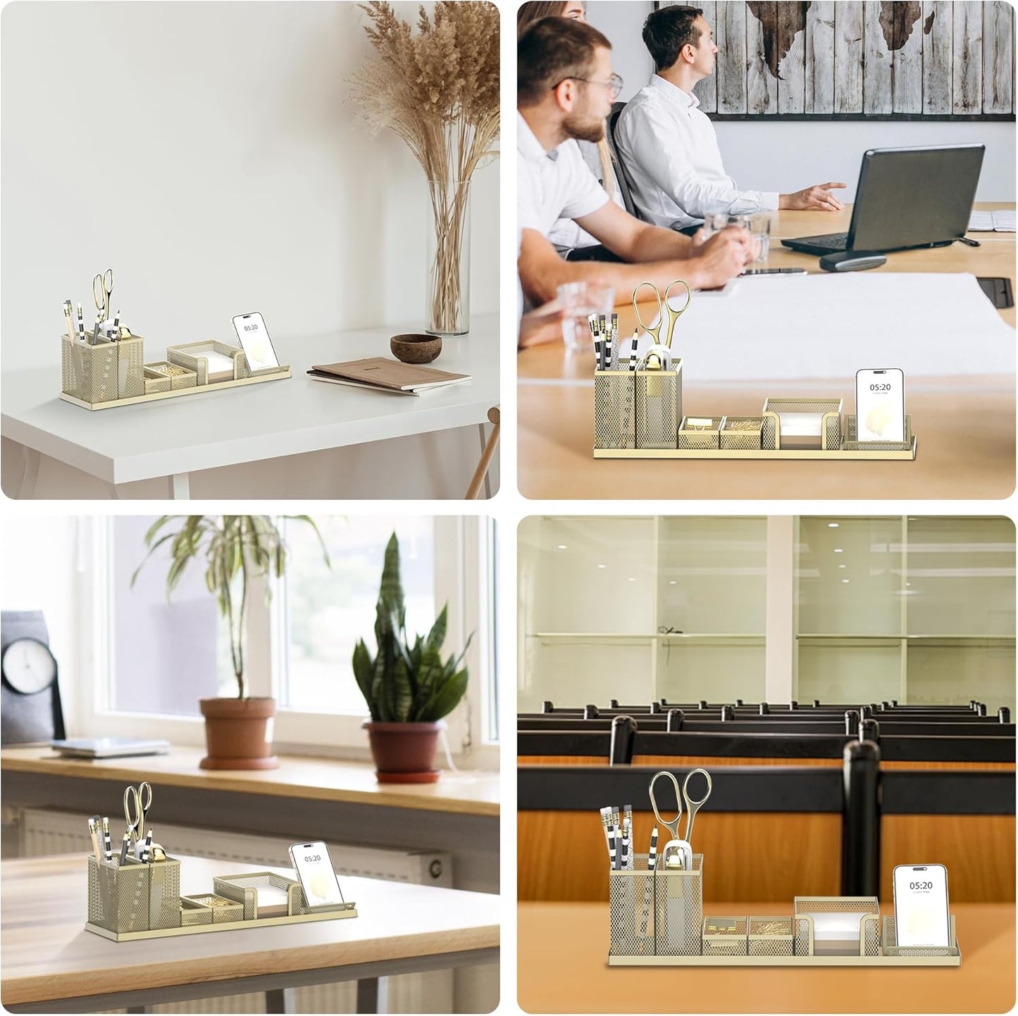 Pen Holder for Desk, 6 Piece Mesh Desk Organizer set for Office Organization with Mail Organizer, Letter Phone Holder, Sticky Notes Caddy Storage, Golden Yellow