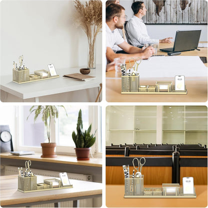 Pen Holder for Desk, 6 Piece Mesh Desk Organizer set for Office Organization with Mail Organizer, Letter Phone Holder, Sticky Notes Caddy Storage, Golden Yellow
