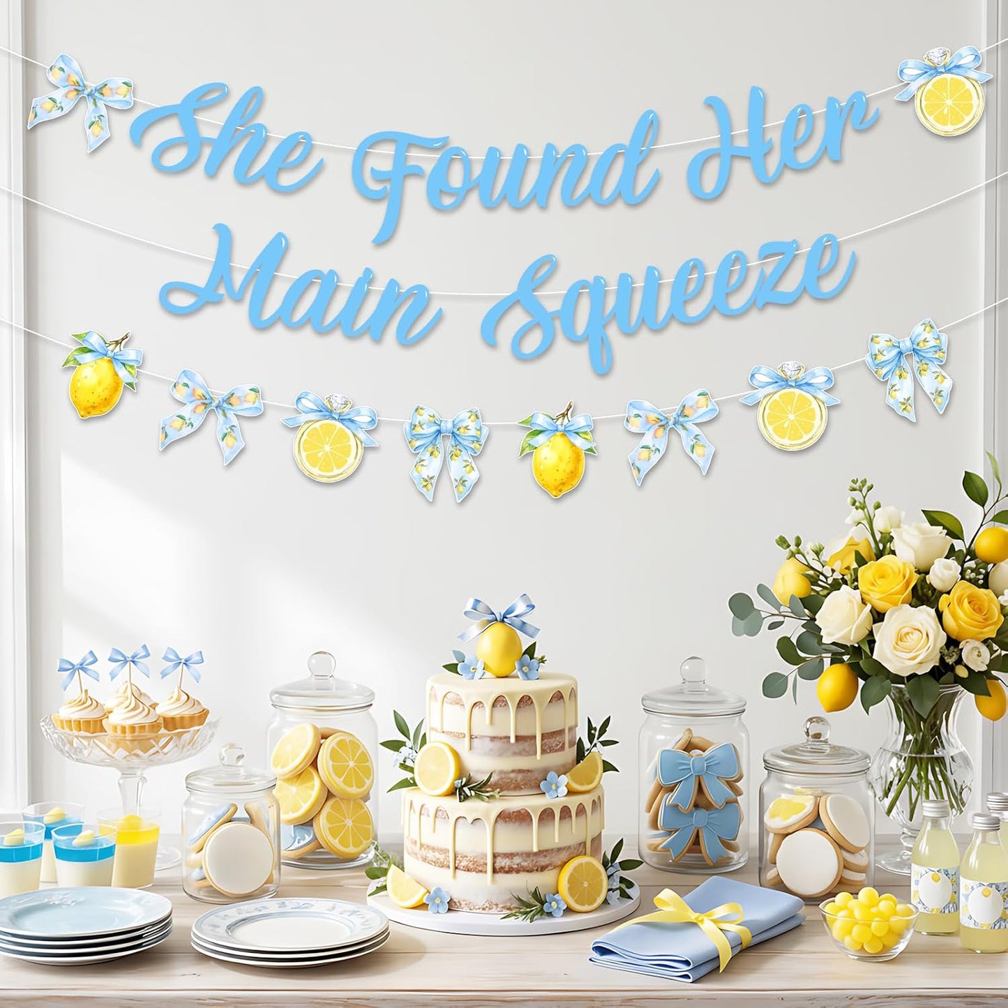 Blue Bow Lemon Bridal Shower Decorations She Found Her Main Squeeze Banner | Blue Bow Lemon Banner Garland for Bride to be Bachelorette Party Decor, Hanging Decor for Dessert Table Wall Photo Booth