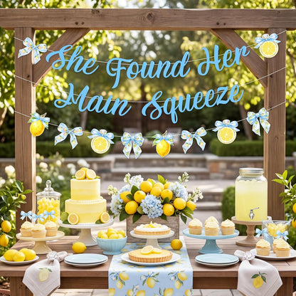 Blue Bow Lemon Bridal Shower Decorations She Found Her Main Squeeze Banner | Blue Bow Lemon Banner Garland for Bride to be Bachelorette Party Decor, Hanging Decor for Dessert Table Wall Photo Booth