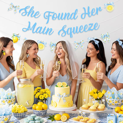 Blue Bow Lemon Bridal Shower Decorations She Found Her Main Squeeze Banner | Blue Bow Lemon Banner Garland for Bride to be Bachelorette Party Decor, Hanging Decor for Dessert Table Wall Photo Booth
