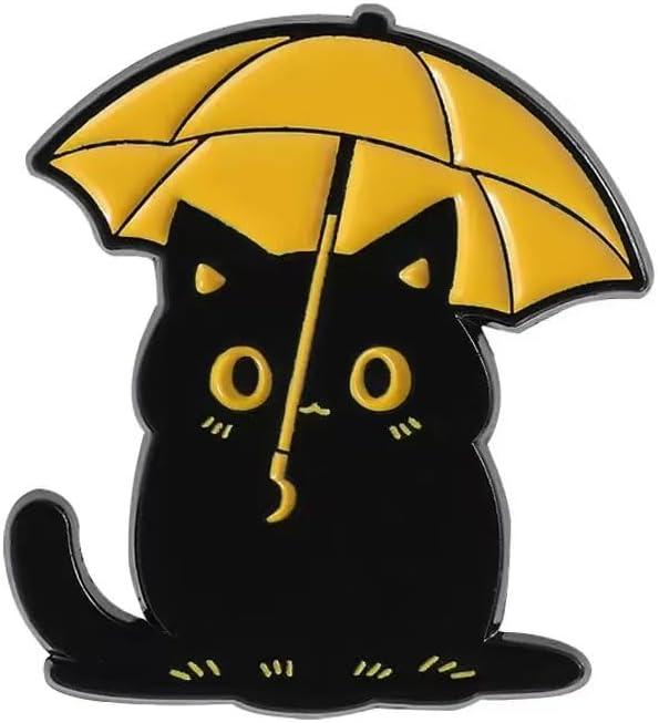 Cute Black Cat Yellow Umbrella Enamel Pin, Kawaii Kitty Lapel Badge