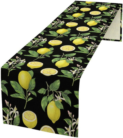 Spring Summer Lemon Table Runner Seasonal Green Leaves Flowers Yellow Fruits Print for Farmhouse Kitchen Dining Table Home Party Indoor Decor Table Runner 13x36in