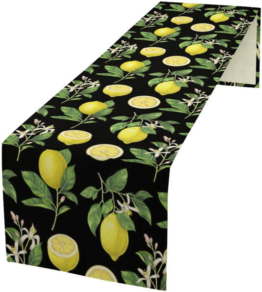 Spring Summer Lemon Table Runner Seasonal Green Leaves Flowers Yellow Fruits Print for Farmhouse Kitchen Dining Table Home Party Indoor Decor Table Runner 13x36in