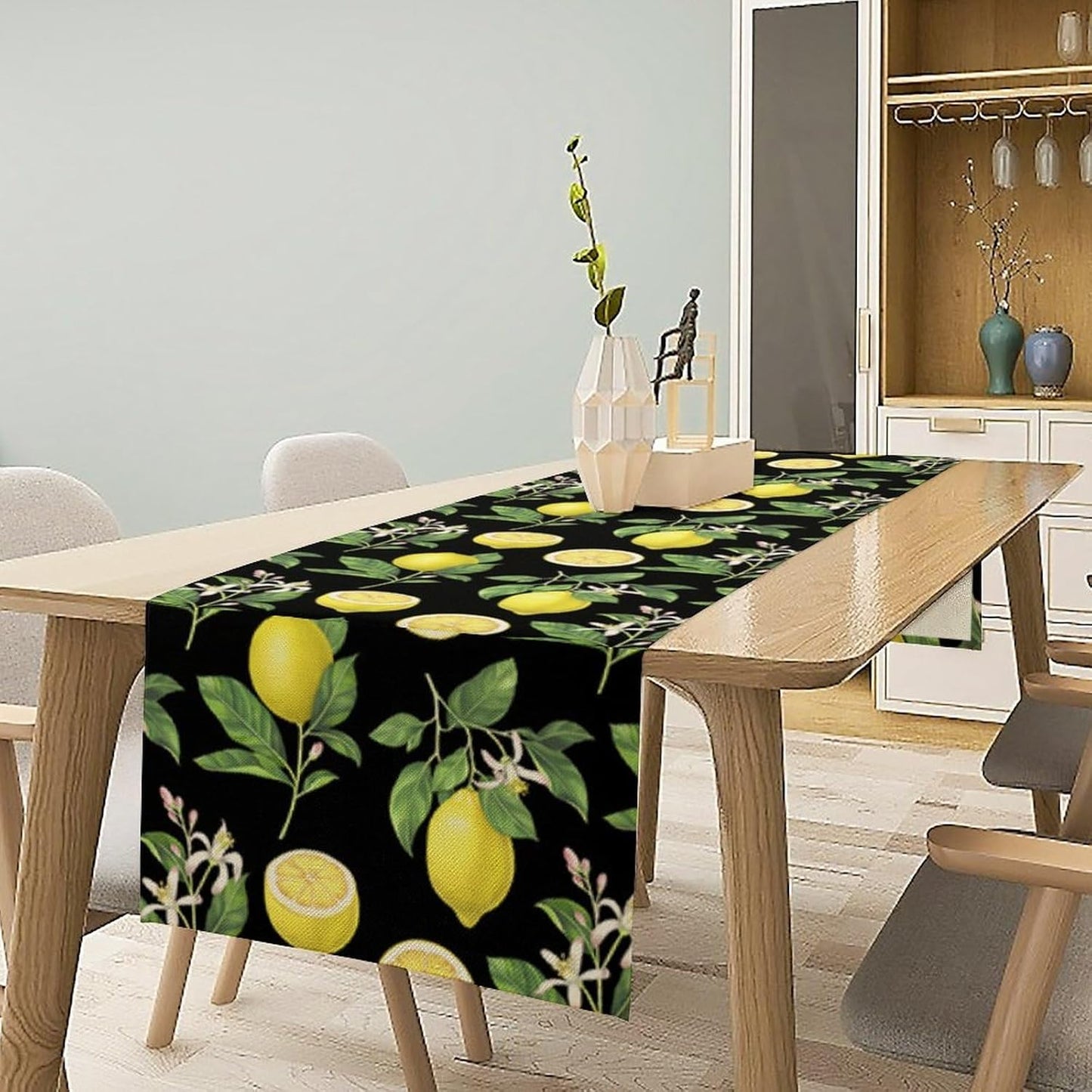 Spring Summer Lemon Table Runner Seasonal Green Leaves Flowers Yellow Fruits Print for Farmhouse Kitchen Dining Table Home Party Indoor Decor Table Runner 13x36in