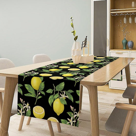 Spring Summer Lemon Table Runner Seasonal Green Leaves Flowers Yellow Fruits Print for Farmhouse Kitchen Dining Table Home Party Indoor Decor Table Runner 13x36in