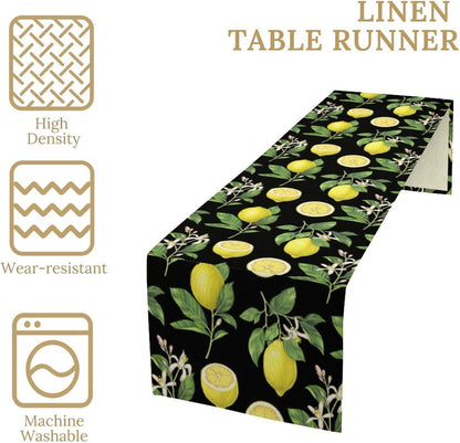 Spring Summer Lemon Table Runner Seasonal Green Leaves Flowers Yellow Fruits Print for Farmhouse Kitchen Dining Table Home Party Indoor Decor Table Runner 13x36in