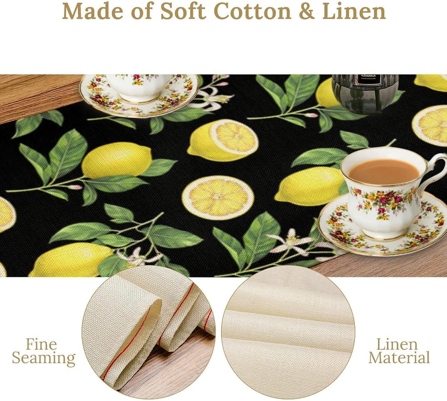 Spring Summer Lemon Table Runner Seasonal Green Leaves Flowers Yellow Fruits Print for Farmhouse Kitchen Dining Table Home Party Indoor Decor Table Runner 13x36in