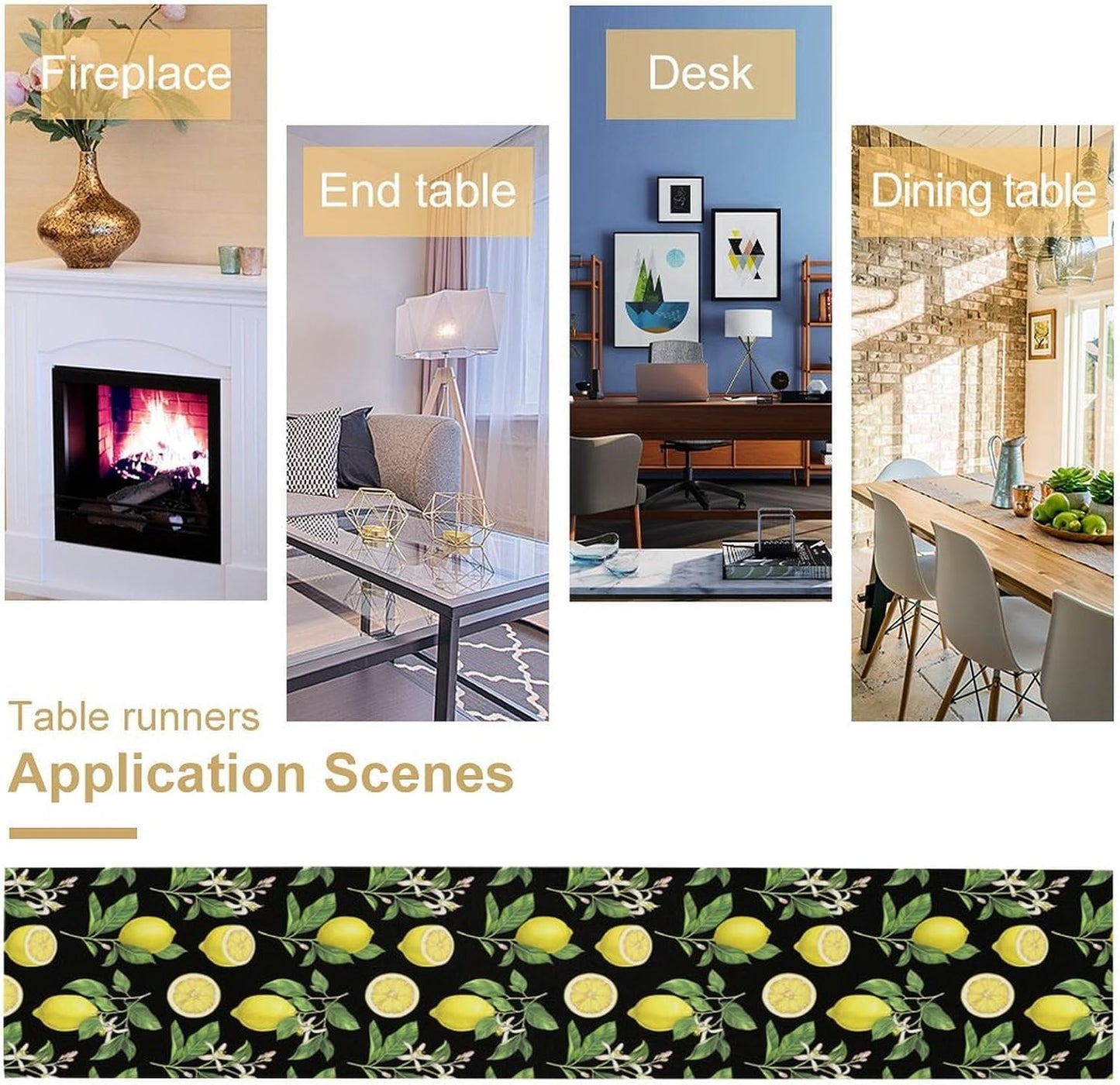 Spring Summer Lemon Table Runner Seasonal Green Leaves Flowers Yellow Fruits Print for Farmhouse Kitchen Dining Table Home Party Indoor Decor Table Runner 13x36in