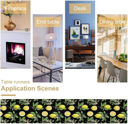 Spring Summer Lemon Table Runner Seasonal Green Leaves Flowers Yellow Fruits Print for Farmhouse Kitchen Dining Table Home Party Indoor Decor Table Runner 13x36in