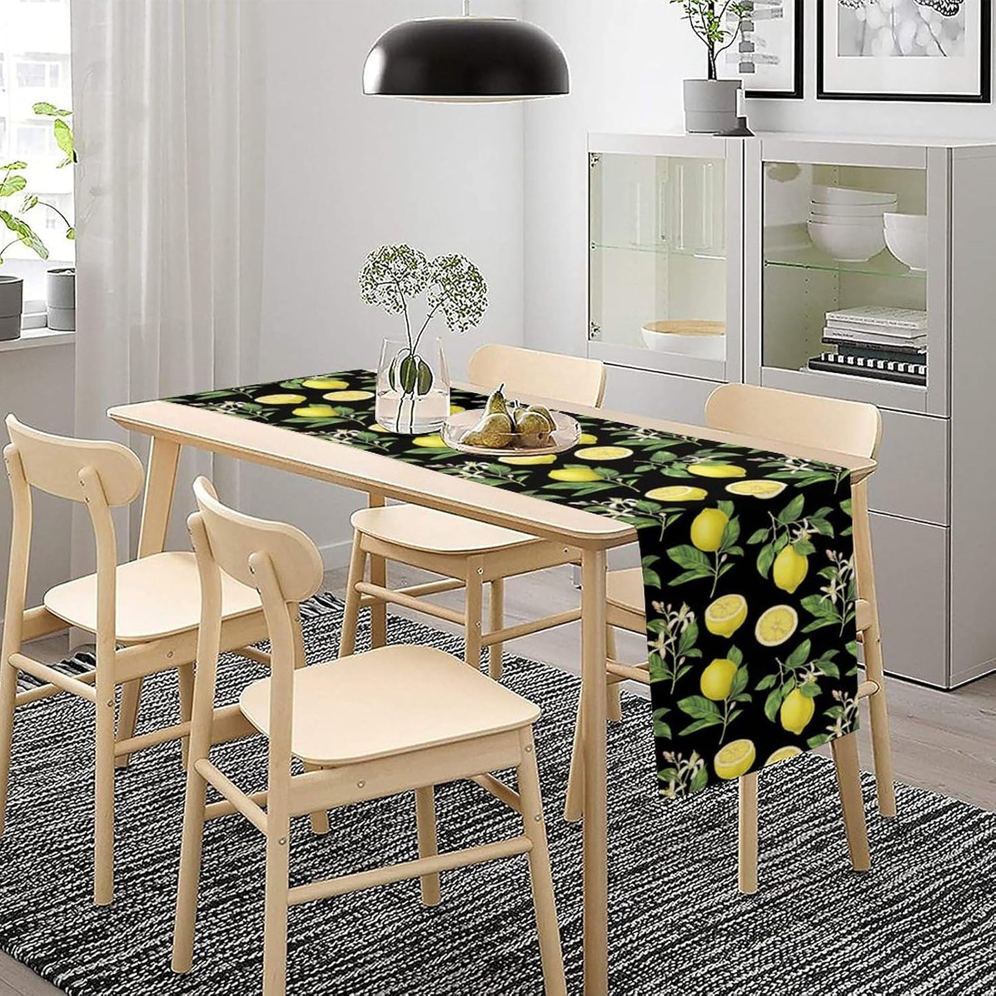 Spring Summer Lemon Table Runner Seasonal Green Leaves Flowers Yellow Fruits Print for Farmhouse Kitchen Dining Table Home Party Indoor Decor Table Runner 13x36in