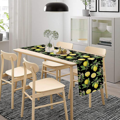 Spring Summer Lemon Table Runner Seasonal Green Leaves Flowers Yellow Fruits Print for Farmhouse Kitchen Dining Table Home Party Indoor Decor Table Runner 13x36in