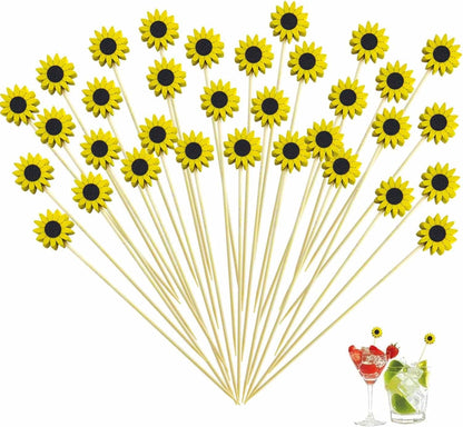 120 Pcs Sun Flower Cocktail Picks 4.7" Drinks Fruits Hawaiian Party Food Garnish Skewer Sticks Halloween Decorations Supplies Cowboy Handmade Bamboo Toothpicks