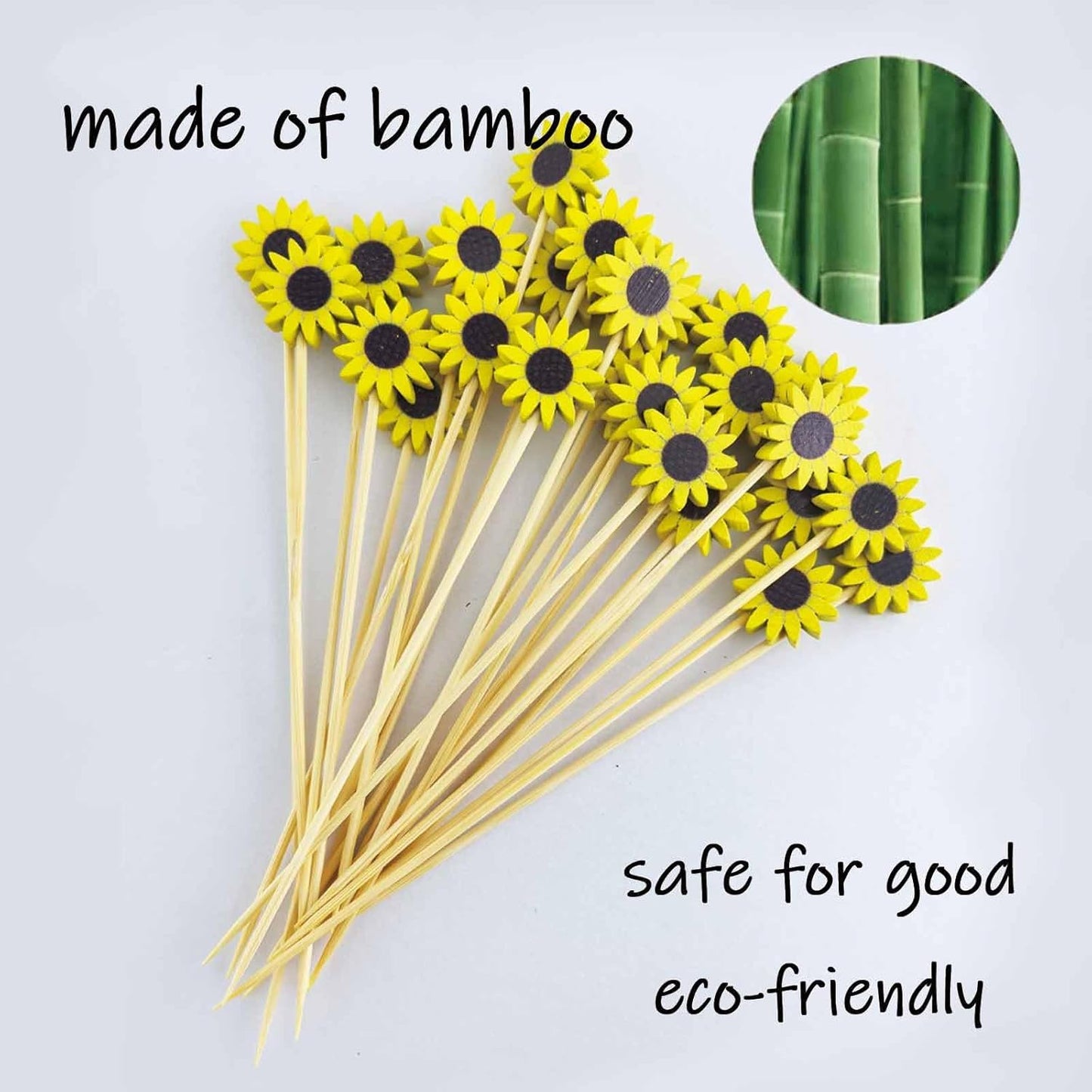 120 Pcs Sun Flower Cocktail Picks 4.7" Drinks Fruits Hawaiian Party Food Garnish Skewer Sticks Halloween Decorations Supplies Cowboy Handmade Bamboo Toothpicks