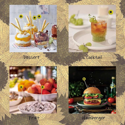 120 Pcs Sun Flower Cocktail Picks 4.7" Drinks Fruits Hawaiian Party Food Garnish Skewer Sticks Halloween Decorations Supplies Cowboy Handmade Bamboo Toothpicks