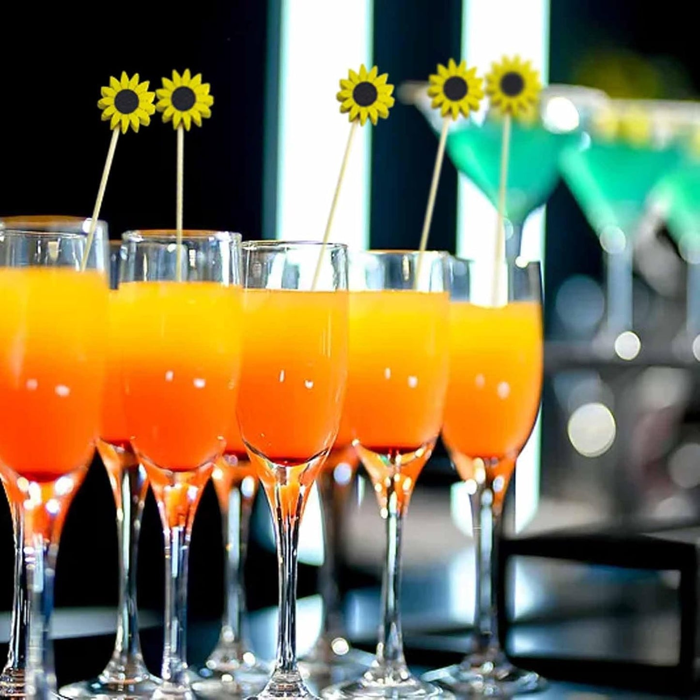 120 Pcs Sun Flower Cocktail Picks 4.7" Drinks Fruits Hawaiian Party Food Garnish Skewer Sticks Halloween Decorations Supplies Cowboy Handmade Bamboo Toothpicks