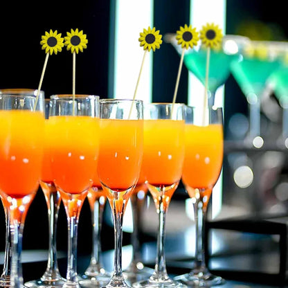 120 Pcs Sun Flower Cocktail Picks 4.7" Drinks Fruits Hawaiian Party Food Garnish Skewer Sticks Halloween Decorations Supplies Cowboy Handmade Bamboo Toothpicks