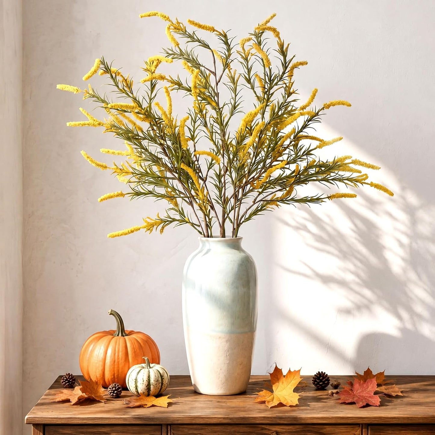 3 Pcs Fall Faux Salvia Artificial Fake Flowers 36inch Yellow Salvia Flower Stems for Artificial Sage Plants with Foliage and Flower for Indoor Home Decor Wedding Centerpiece Autumn Decor