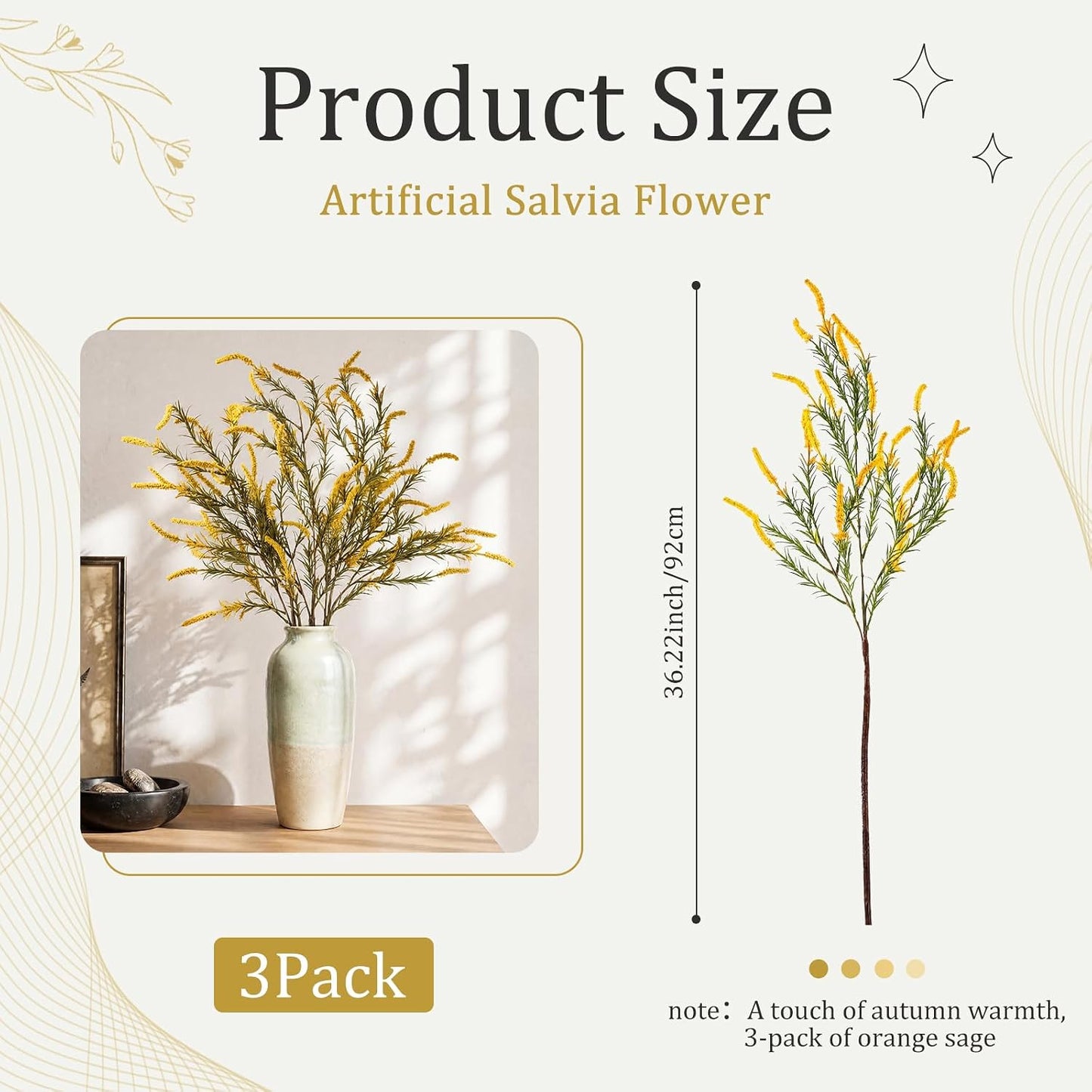 3 Pcs Fall Faux Salvia Artificial Fake Flowers 36inch Yellow Salvia Flower Stems for Artificial Sage Plants with Foliage and Flower for Indoor Home Decor Wedding Centerpiece Autumn Decor
