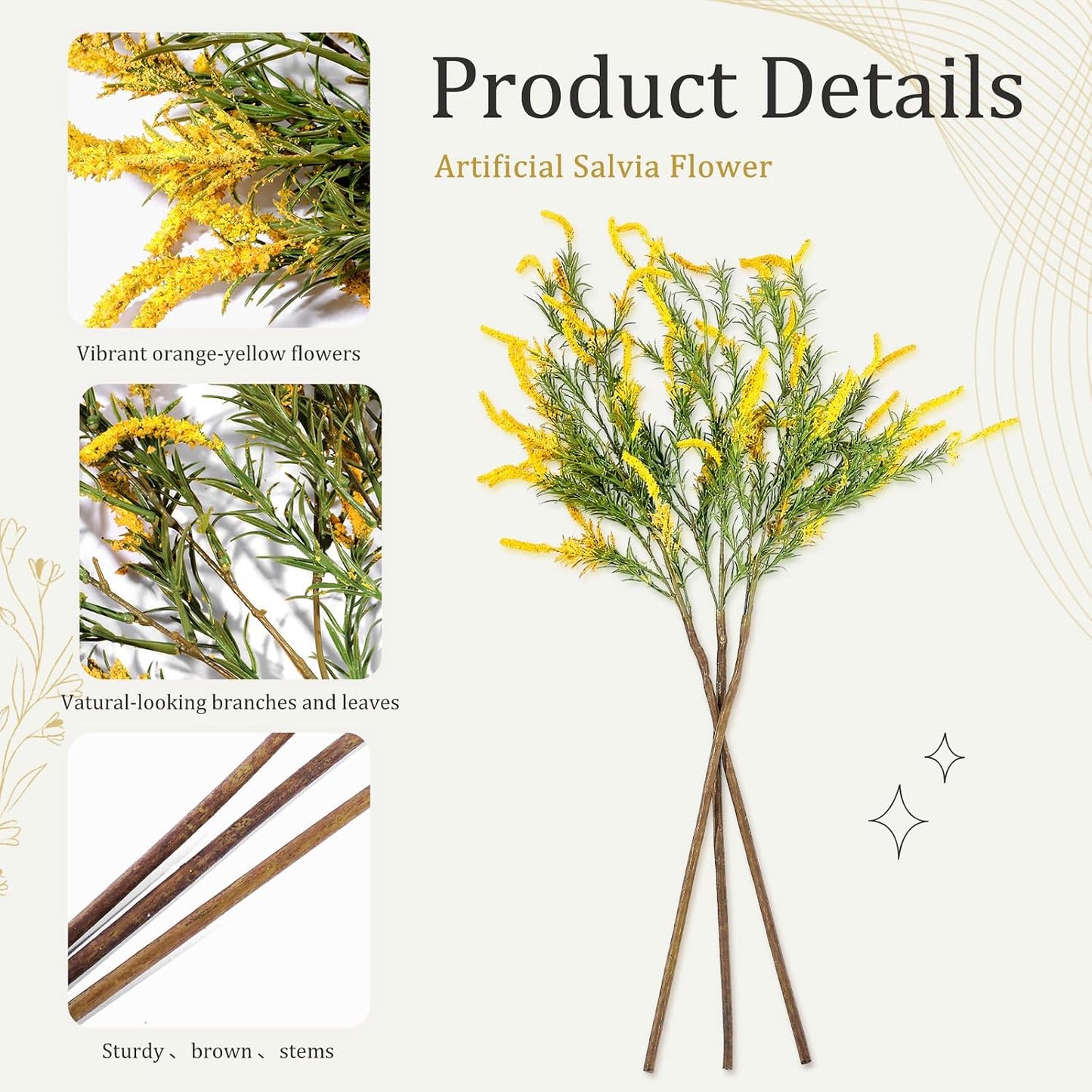 3 Pcs Fall Faux Salvia Artificial Fake Flowers 36inch Yellow Salvia Flower Stems for Artificial Sage Plants with Foliage and Flower for Indoor Home Decor Wedding Centerpiece Autumn Decor
