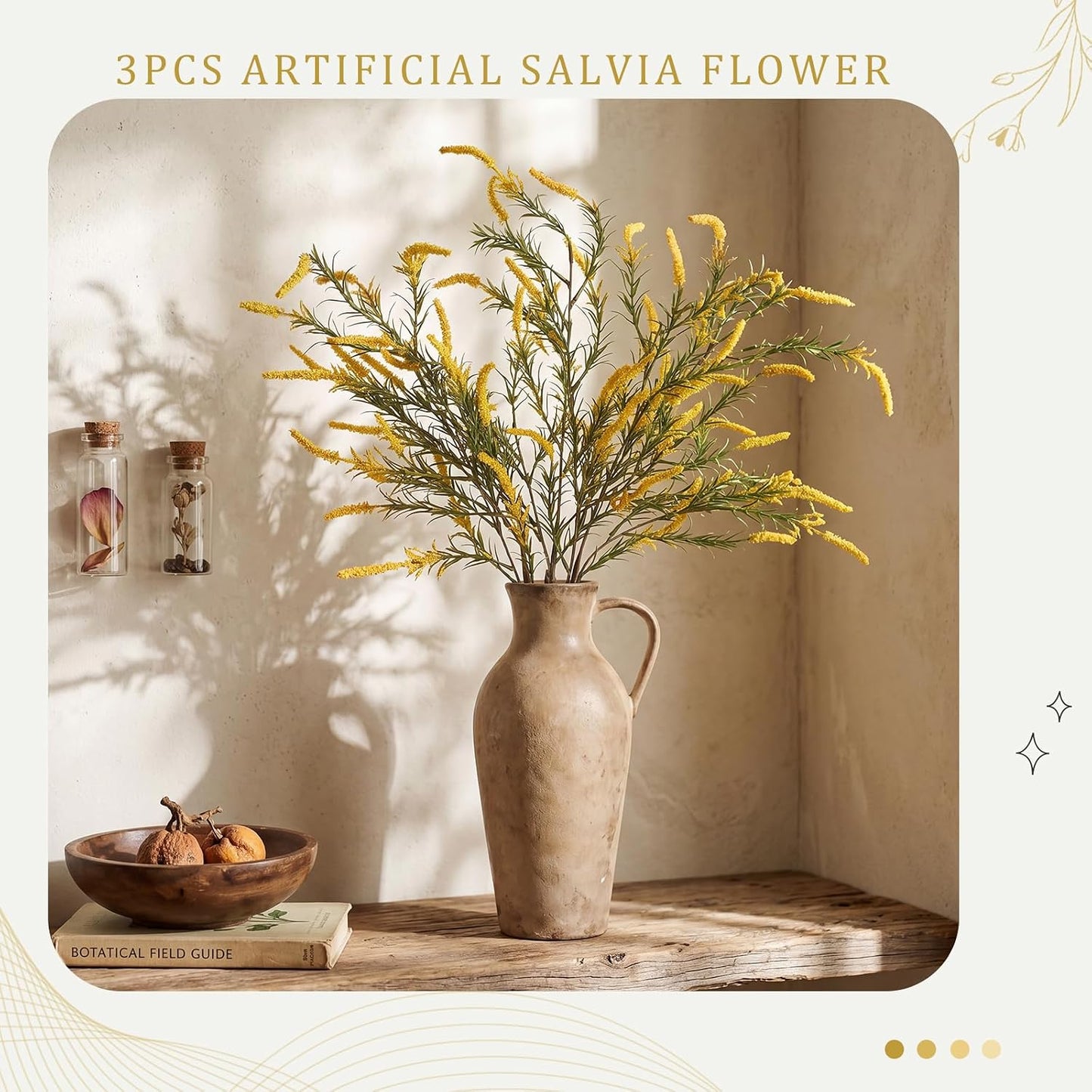 3 Pcs Fall Faux Salvia Artificial Fake Flowers 36inch Yellow Salvia Flower Stems for Artificial Sage Plants with Foliage and Flower for Indoor Home Decor Wedding Centerpiece Autumn Decor