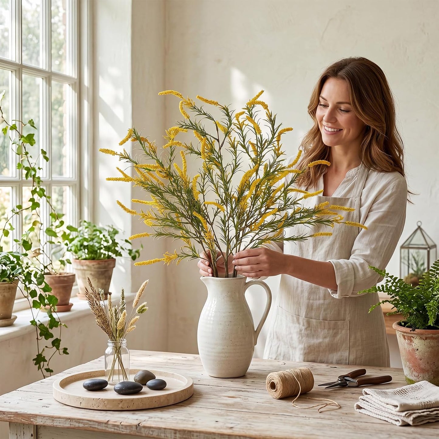 3 Pcs Fall Faux Salvia Artificial Fake Flowers 36inch Yellow Salvia Flower Stems for Artificial Sage Plants with Foliage and Flower for Indoor Home Decor Wedding Centerpiece Autumn Decor