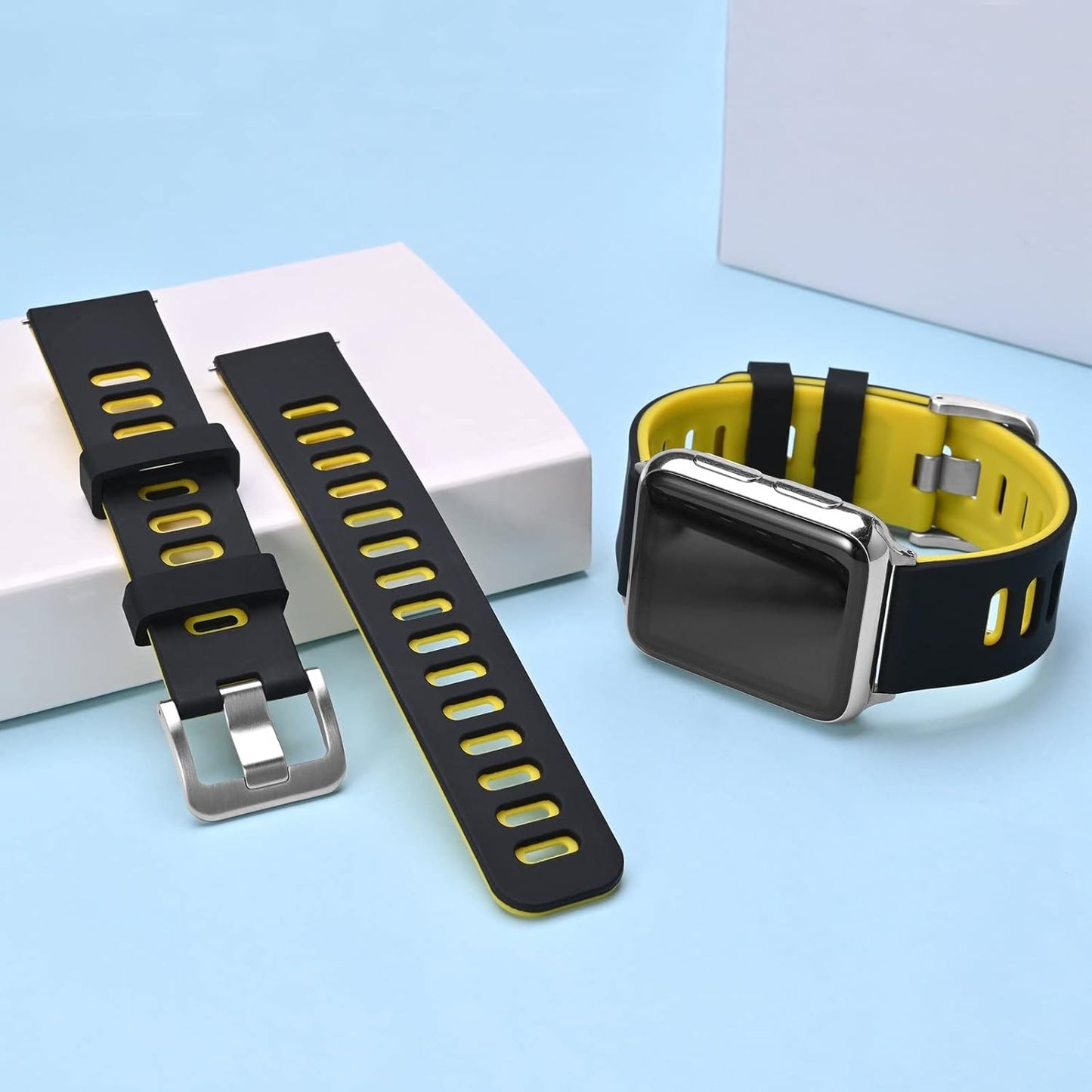 WOCCI 20mm Bicolor Watch Band, Silicone Rubber, Quick Release Replacement Strap for Men and Women, Silver Stainless Steel Buckle (Black-Yellow)