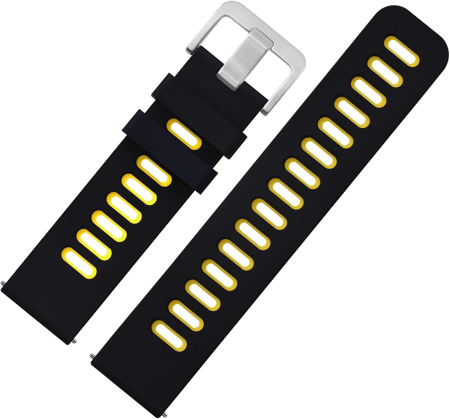 WOCCI 20mm Bicolor Watch Band, Silicone Rubber, Quick Release Replacement Strap for Men and Women, Silver Stainless Steel Buckle (Black-Yellow)