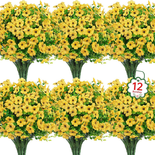 12 Pcs Artificial Flowers for Outdoors Decorations, Yellow | Lifelike silk flowers, UV resistant, faux plastic plants, for garden porch window table vase home indoor outdoor decor